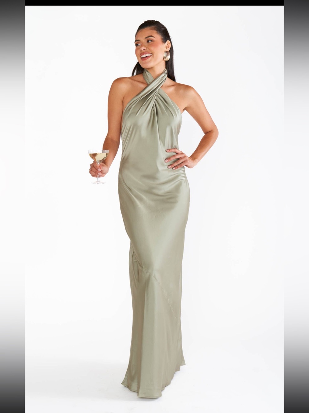 Show Me Your Mumu Jasmine Halter Maxi Dress Moss Green Luxe Satin XS